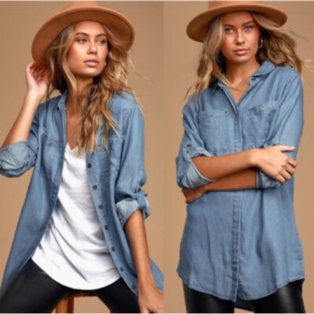 Lulu's Shirt and Sweet Blue Chambray Long Sleeve
Button-Up Shirt Sz XS tencel